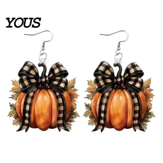 Autumn Theme Jewelry 1 Pair Pumpkin Earrings for Women, Acrylic Dangle Drop Cute with Plaid Bow, Halloween Fall Holiday Party Lightweight Accessories