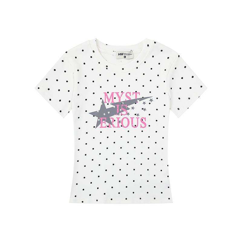 American polka dot letter printing front shoulder short sleeve women's summer new slim and thin casual T-shirt top