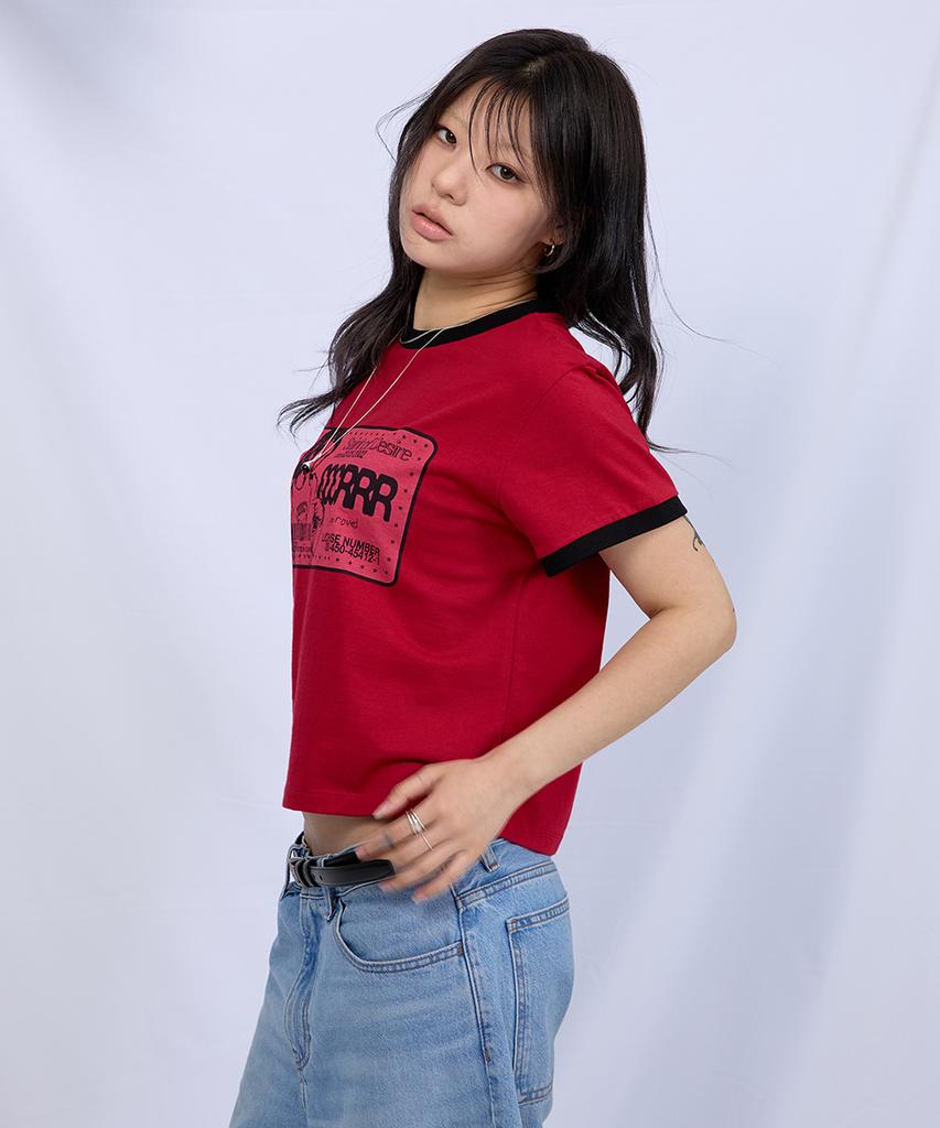 EEERRR Saint Licence Artwork Semi-Crop Ringer T-Shirt (Red)