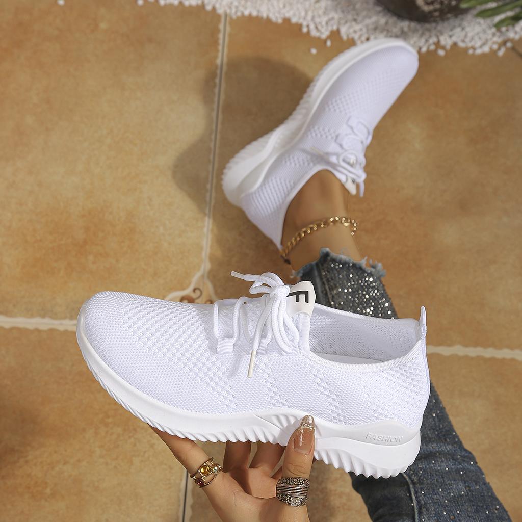 Ladies Flying Woven Mesh Sneakers Breathable Light Soft Sole Lace Up Casual Walking Sports Running Shoes Daily Footwear Suitable