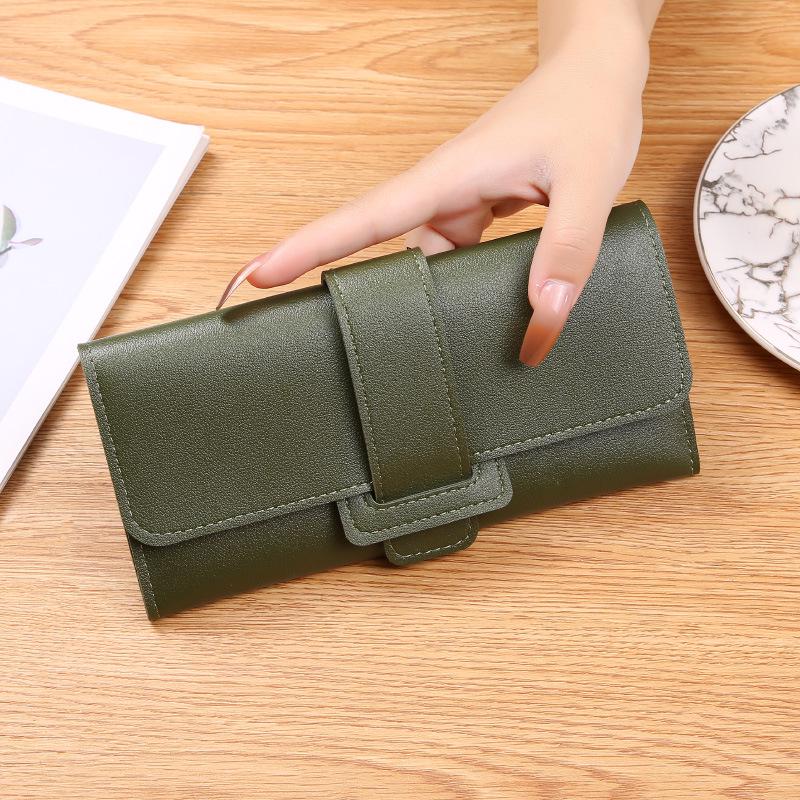 

Korean Style Women s Long Tri-Fold Leather Wallet with Coin Pocket and Snap Closure зелёный