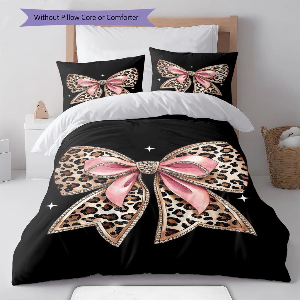Leopard Bow Pattern Bedding Quilt Set Quilt Cover Pillowcase Home Decoration Gift (1 * duvet cover + 2 * pillowcase, without core)