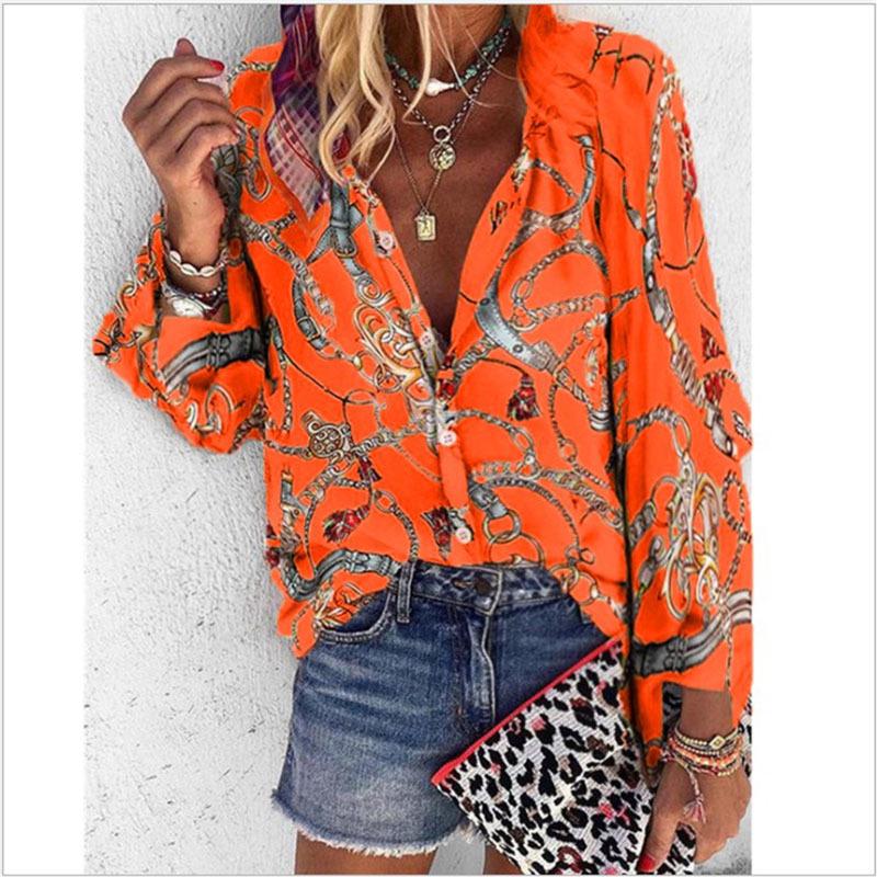 Women's Autumn/Winter Multi-Color Chain Print Stand Collar Long Sleeve Shirt