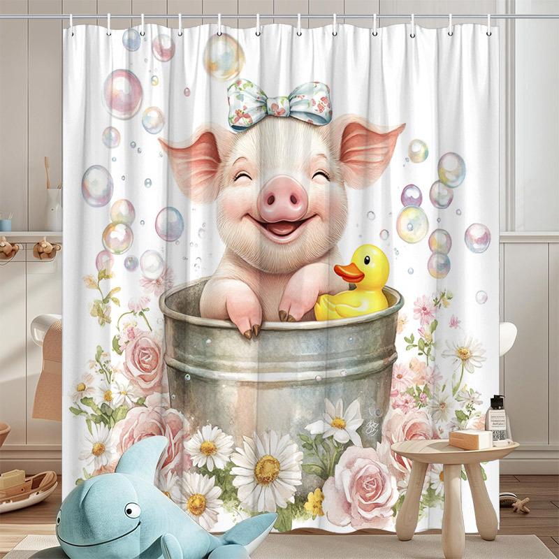1pc Whimsical Piglet Shower Curtain - Pink Floral, Blue Duck & Roses, 70.8x70.8", Polyester, 12 Hooks, Washable
