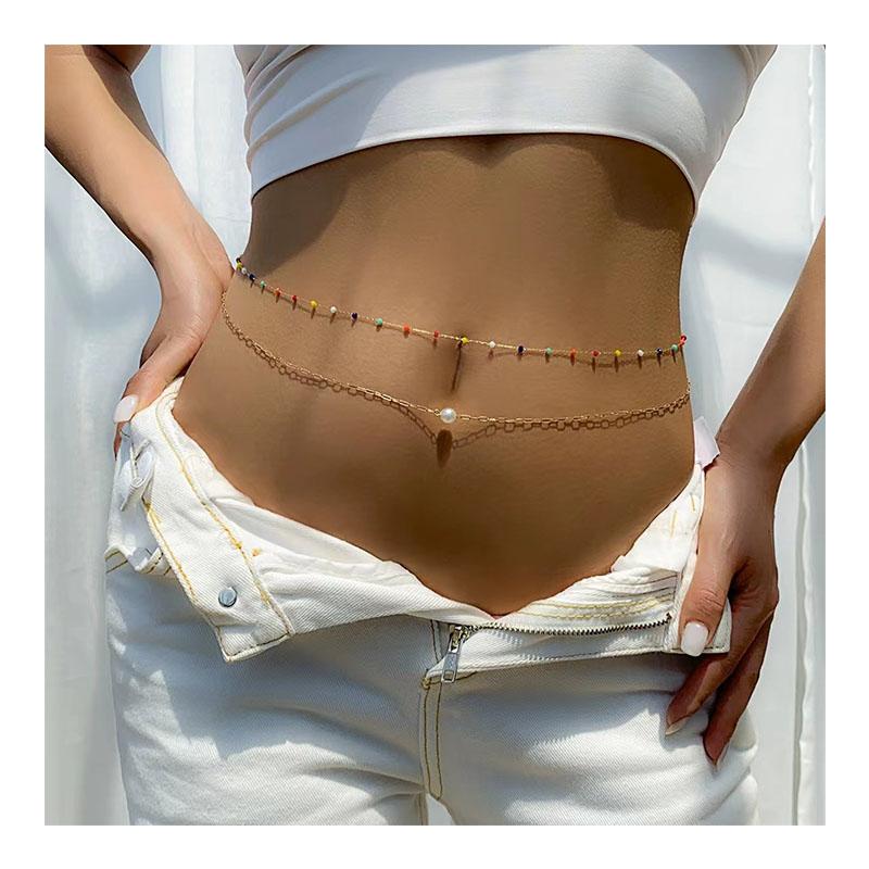 Bohemian Colorful Crystal Sexy Double Layered Fashion Body Chain European and American Fine Chain Pearl Spicy Girl Waist Chain