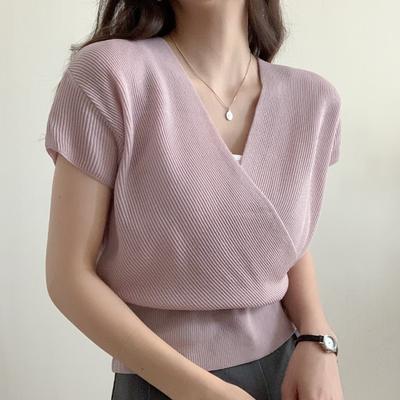 Summer New Temperament V-neck Knitted Casual T-shirts Women Elegant Fashion Solid Loose Women's T Shirt Simple Sweet Office Lady Tshirt Tops 26324