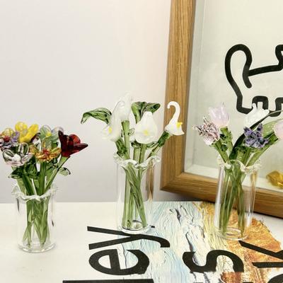 Ručně vyráběná skleněná květinová dekorace se stonkem, ručně foukaná mini květinová figurka rostlin, ozdoba do domácího obývacího pokoje, kanceláře, na stůl, květinová váza