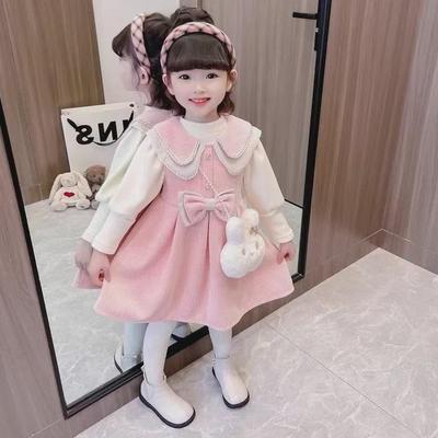 Sweet Korean-Style Two-Piece: 2024 Autumn Long-Sleeve Warm Top & Bottoming Shirt with Doll Collar Vest Dress