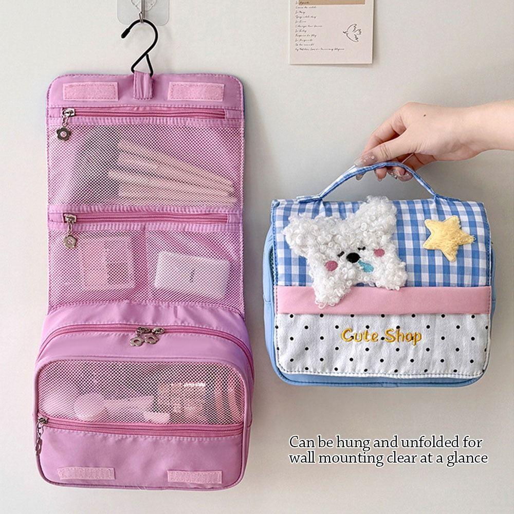 Cartoon Dog Makeup Bag Pink Blue Large Capacity Storage Bag Compartment Design Grid Pattern Organization Bag Bussness Trip