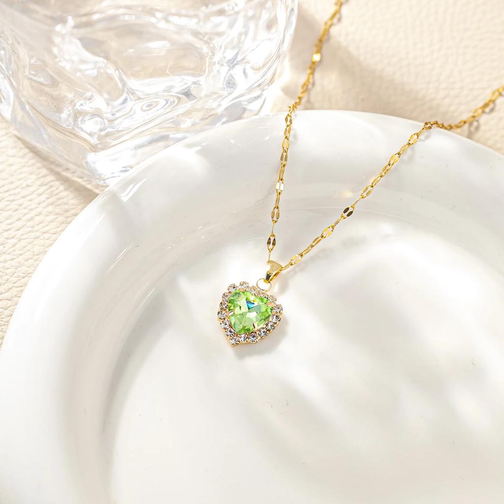 Stainless Steel Chain Classic Shiny Colorful Zircon Love Heart Pendant Necklace for Women Cute Simple Jewelry Accessories Gifts