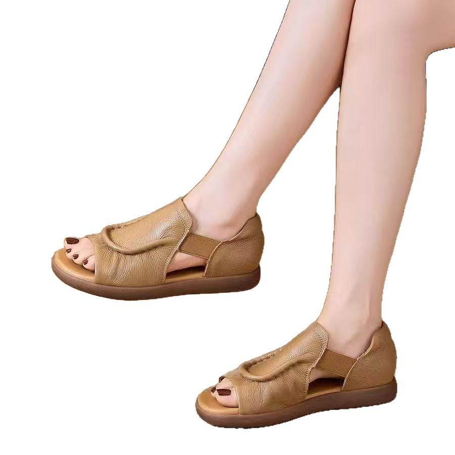 Simple and Versatile Flat-soled Sandals Women's Leather 2025 Summer New Soft Leather Hollow Open-toed Roman Sandals Elastic Band