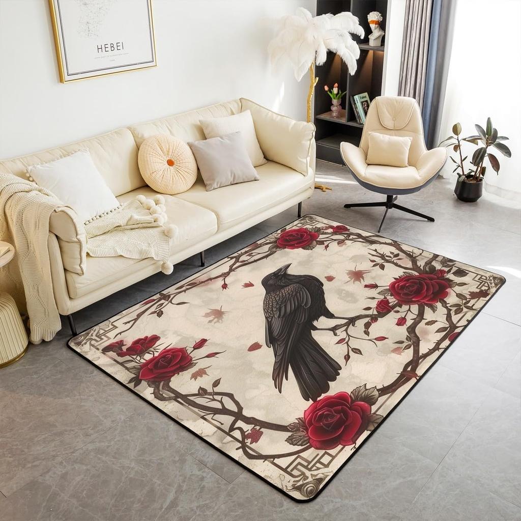 Black Crow Living Room Rugs Halloween Decoration Decorative Carpet for Kids Teens Adult Sugar Skull Skeleton Bones Area Rug