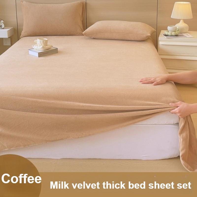 

Winter Warm Thickened Milk Velvet Bedding Set - Premium Soft Solid Color Skin-Friendly Washable 3-Piece Bed Sheet Set Home Decor 120x230cm 2pcs&set кавовий