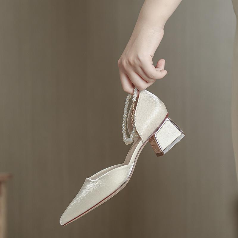 Baotou sandals women's medium heel pointed summer 2025 new high heels women's thick heel pearl fairy wind hollow single shoes