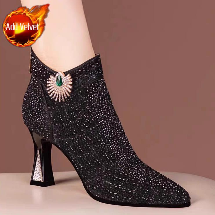 

Модные женские короткие туфли на каблуке со стразами, осенне-зимние ботильоны до щиколотки с острым носком и флисовой подкладкой, шикарные и элегантные ботильоны на распродаже 40