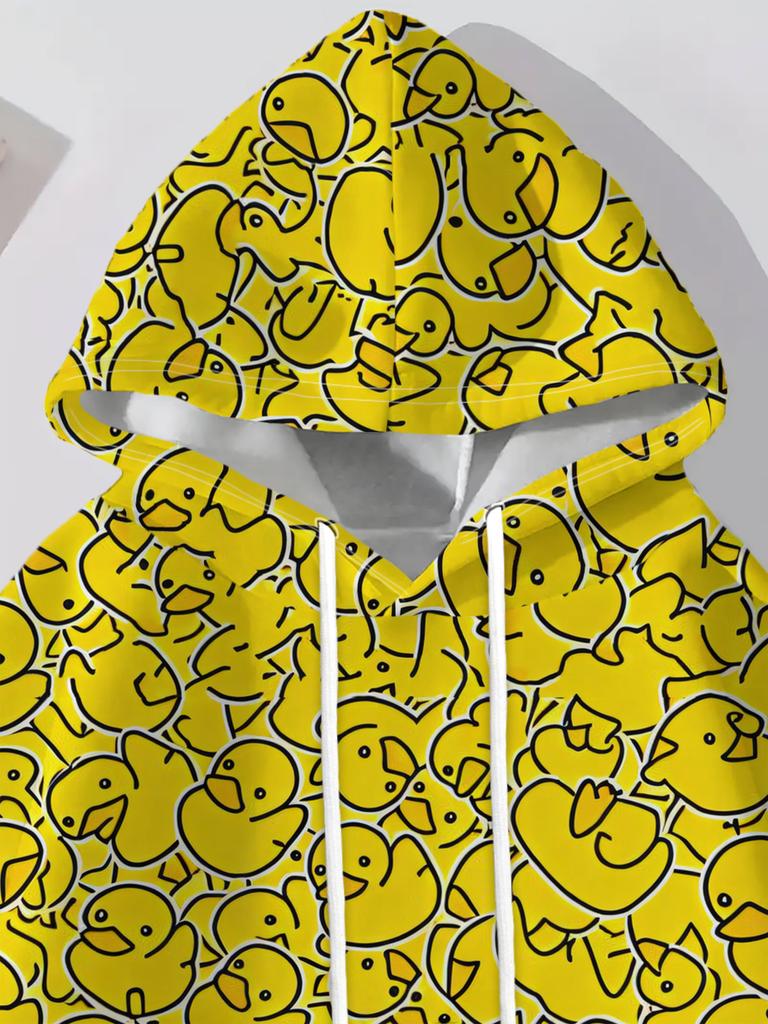 Women's casual sweatshirt with many yellow cartoon ducks densely arranged and printed casual fashion hooded sweatshirt