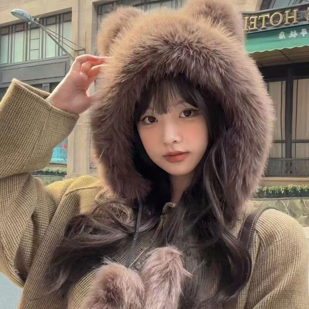 Warm Ear Protection Hat Bear Ear Fluffy Bucket Hat New Winter Plush Hat  Women