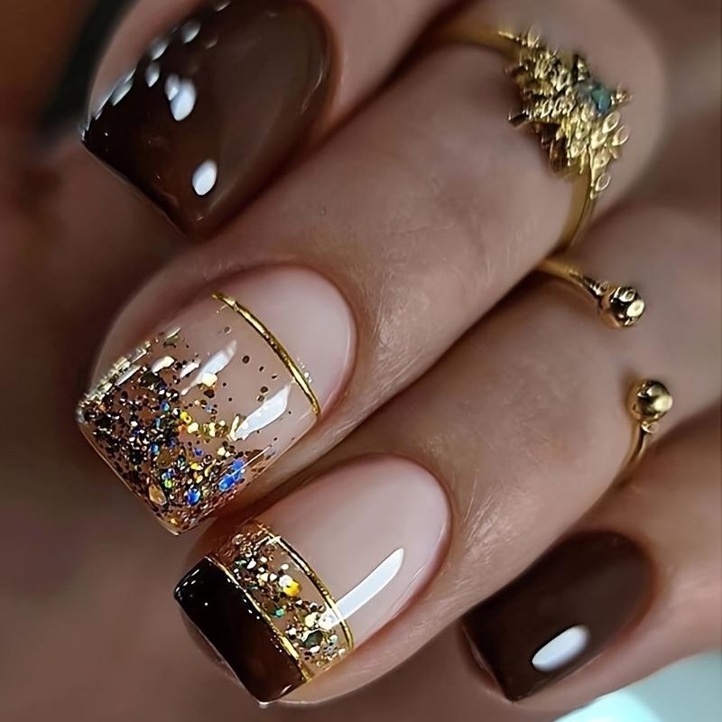 24 Pcs Glossy Medium Square Press On Nails French Style False Nails Glitter Reusable Fake Nails For Women