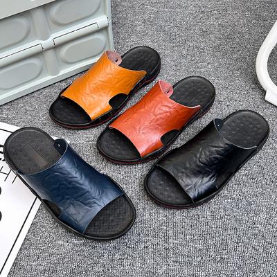 Flache Hausschuhe für Herren, extrabreite Pantoffeln, für den Außenbereich, Strand, offene Zehenpartie, lässig, weiche Ledersandalen, große Größe