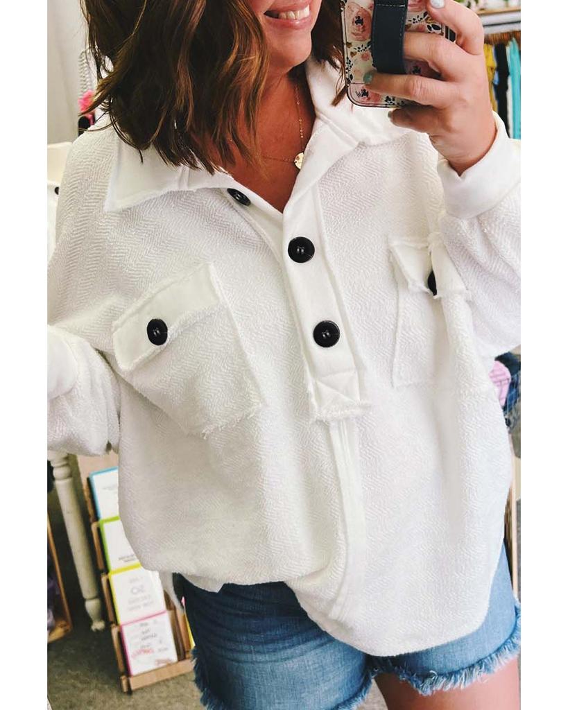 Azura Exchange White Plus Size Long Sleeve Flap Pocket Henley Top