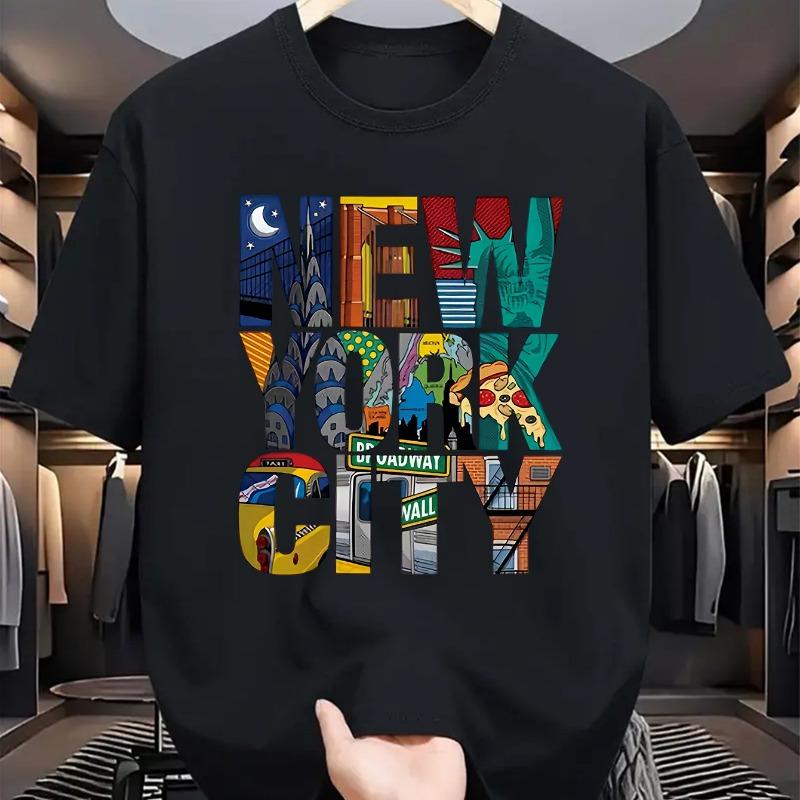 Zomer heren 100% katoen casual losse pasvorm plus size New York City bedrukt comfortabel ronde hals korte mouw T-shirt top