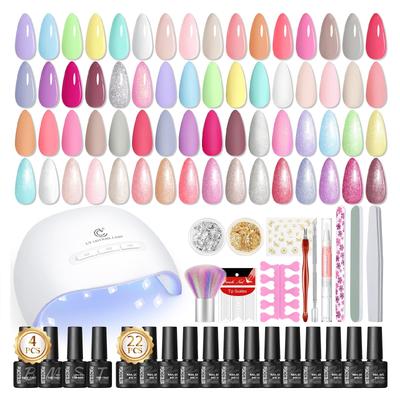 PEACECOLOR Gel Nail Kit 39 Pieces 22pcs Color Gel Nail 4pcs Top Coat Base UV Nail Nail Starter Kit for Gift - Total Spring/Summer Set, & Coat, Light,