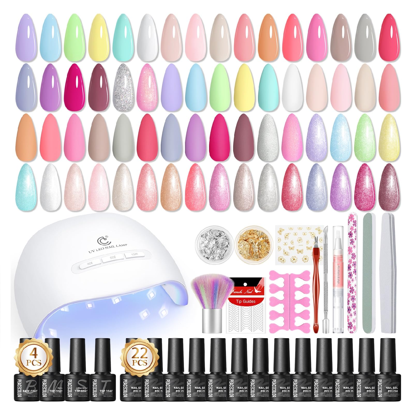 

PEACECOLOR Гель-лак для ногтей Набор 39 шт. 22 шт. Цветной гель-лак 4 шт. Top Coat База UV-лак Стартовый набор для ногтей в подарок - Полный Весенне-Летний набор, и Покрытие, Свет,