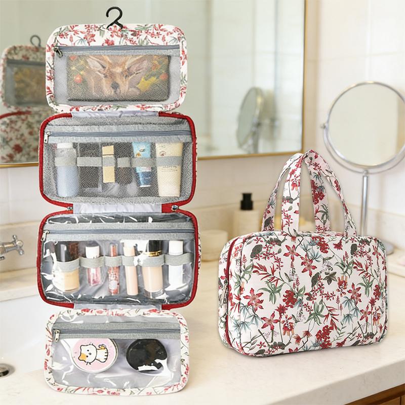 1Pc New Flower Patterned Four Fold Toiletry Bag with Hooks,Portable Travel and Wash Area Storage,Dry-wet Separation