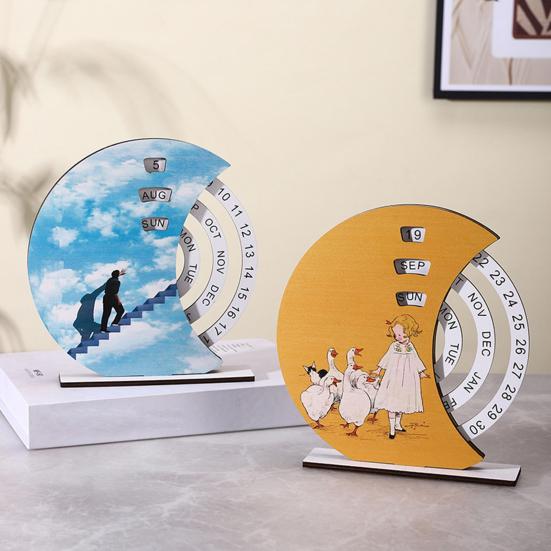 Wooden Perpetual Calendar with Rotating Blocks Desktop Office Decor Desk Organizer Cute Motivational Gift for Students Creative Home Office Accessory