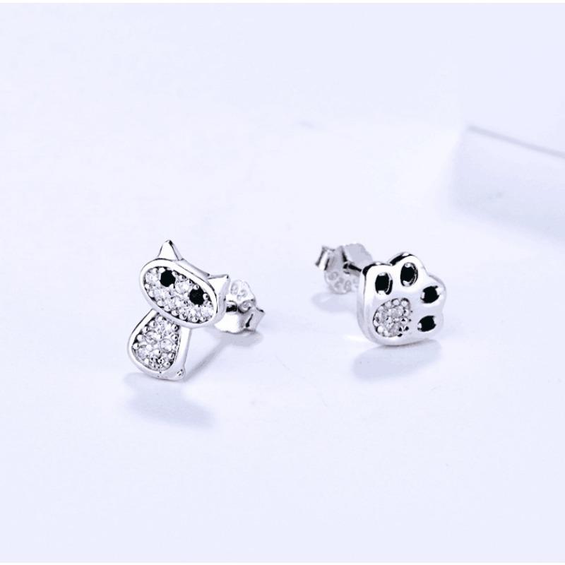 S925 Sterling Silver Stud Earrings Female Super Cute Cat Sweet Cute Cat Claw Asymmetric Ear Rings