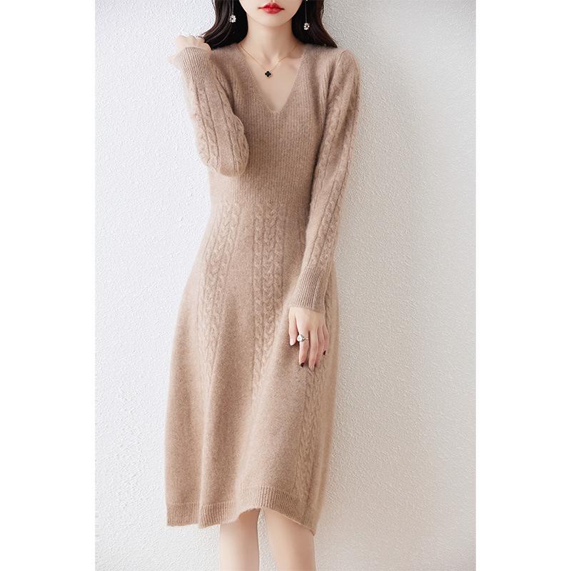 Women's Extra-Long V-Neck 100% Wool Knitted Dress with Thickened Waist-Cinching Skirt - Autumn/Winter Collection