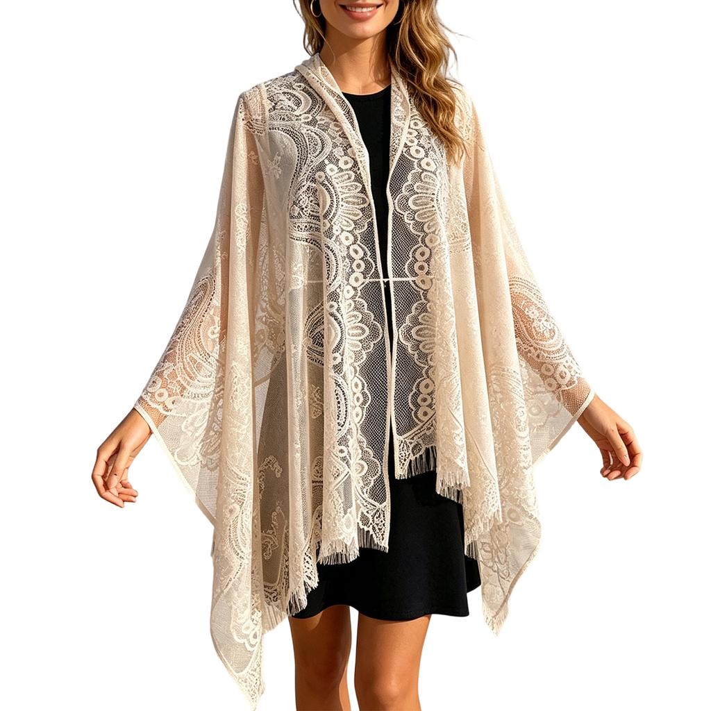Women's Lightweight Lace Shawl Scarf Openwork Tassel Wrap Beach Cover Up Sun Protection Travel Accessories for Summer