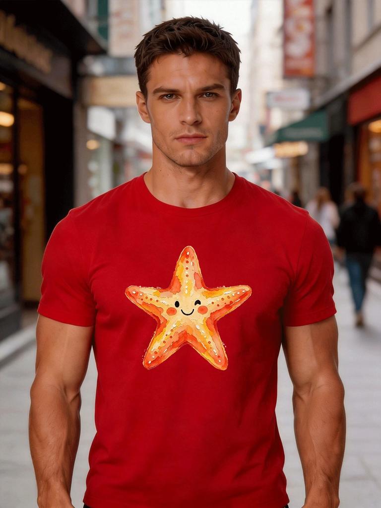 Male Cotton Short Sleeve T Shirt Happy Starfish Ocean Animal Print Loose Crew Neck Trendy Casual Summer Tees For Young Adult Unisex
