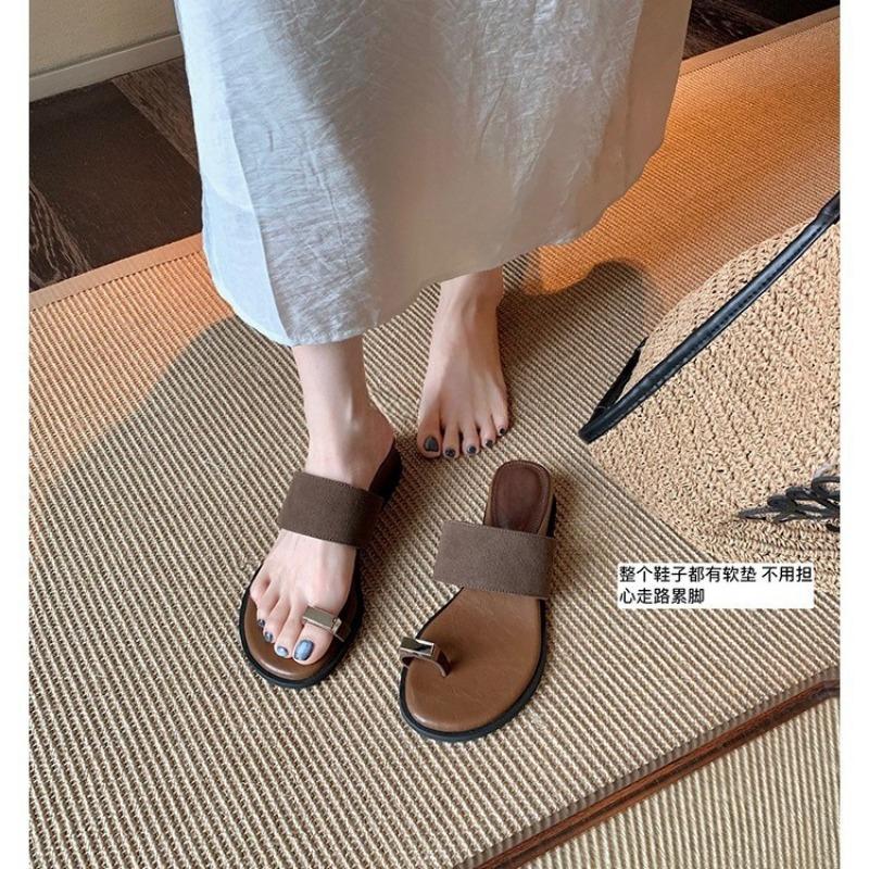 Fashion retro thick bottom height increased by 4cm~ cowhide word with outer wear cover toe herringbone flat bottom toe cool slippers female summer