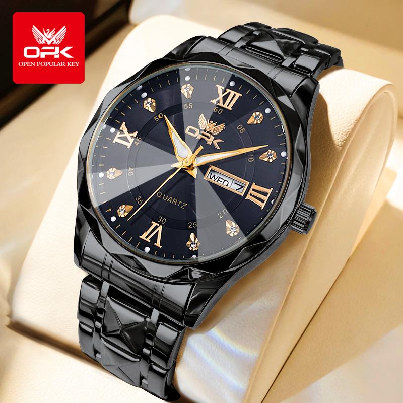 OPK Brand Original Men's Watches Waterproof Week Calendar Quartz Watch for Men Fashion Luminous Diamond Scale Watch