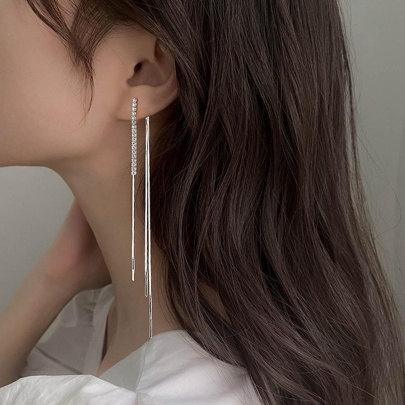 New Silver Color Long Tassel Drop Earrings for Women Style Back Hanging Earlines Shiny Zircon Fashion Earrings Wedding Jewelry