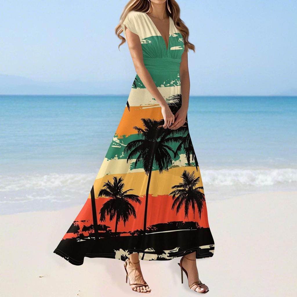 Women's Summer Casual Fashion Beach Printed Dresses V-Neck Short Sleeve Dresses