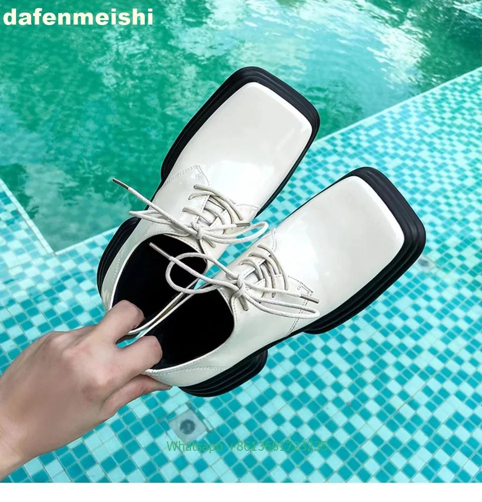 

Модные женские лоферы с квадратным носком, слипоны, туфли из лакированной кожи на толстой подошве, весенние туфли на толстом каблуке, на шнуровке, 2025, модные туфли из натуральной кожи 34