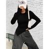 Damen Slim Fit Langarm T-Shirt, Asymmetrischer Rundhalsausschnitt Einfarbig Stricktop