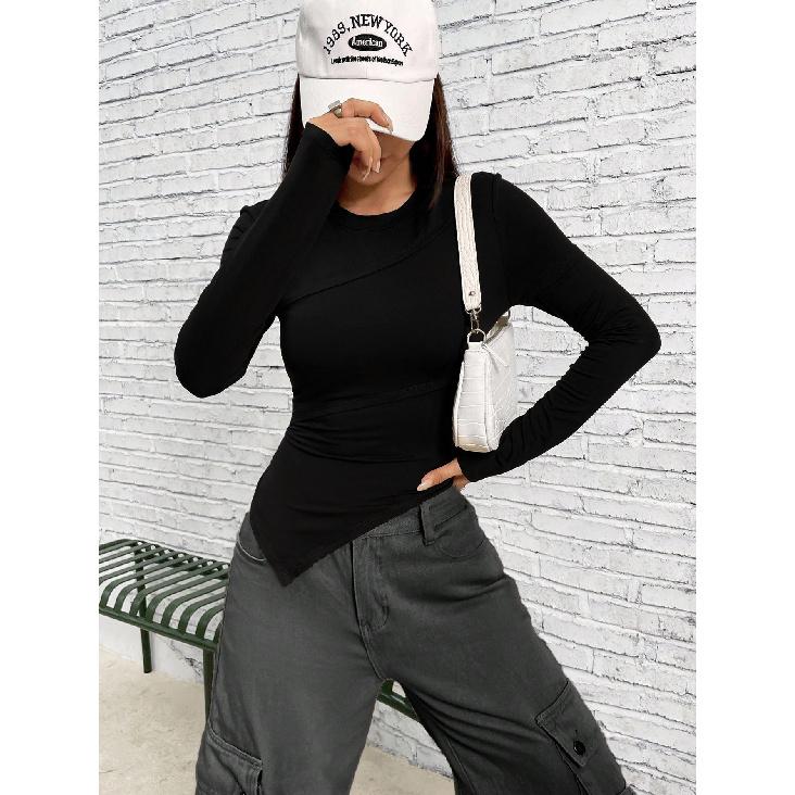 Women'S Slim Fit Long Sleeved T-Shirt, Asymmetrical Round Neck Solid Color Knit Top