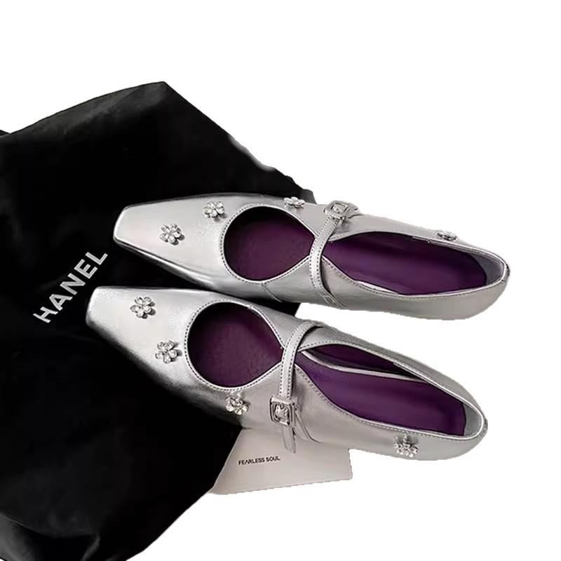 Sheepskin Version~ French Rhinestone Flower Inner Height Increase Small Square Head Light Mouth Single Shoes Women's Word with Silver Mary Jane Shoes