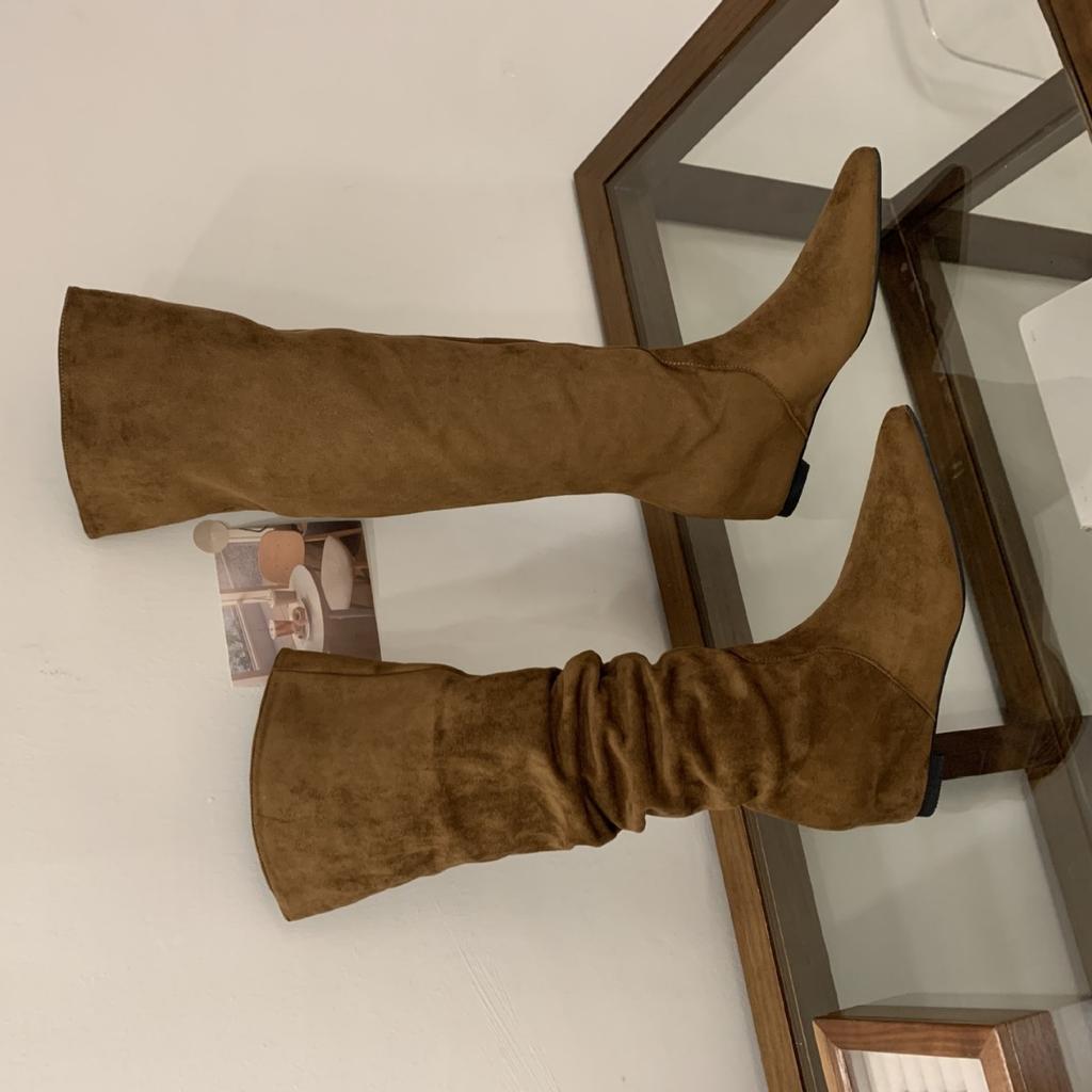 2025 Autumn and Winter New Pointed Head Tall Tube Thin Knee Knight Inner Slope Heel Women's Boots Riding Boots