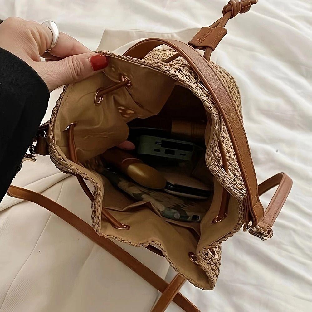 Häkel-Crossbody-Tasche mit Kordelzug Große Kapazität Gewebte Tragetasche Trendige Stroh-Eimertasche Damen
