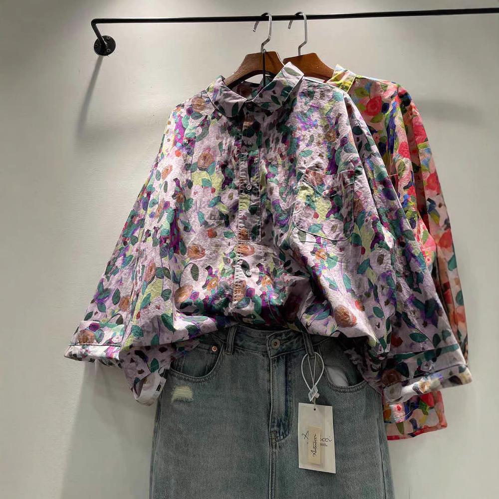 

Designer Clothes Women Luxury Women Large Size Tops Harajuku Fashion Rose Printed Shirts Blouses Cotton Yarn Hawaiian Shirt XXL фіолетовий