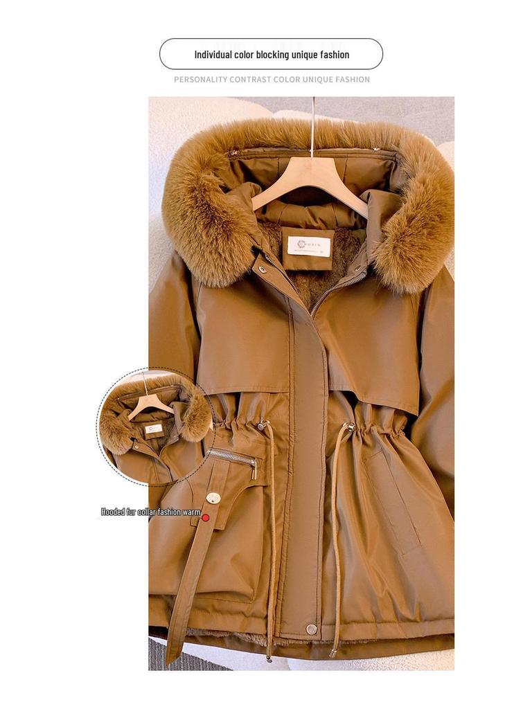 Women's Mid-Length Winter Cotton Coat with Genuine Fur Collar and Thick Velvet Padding