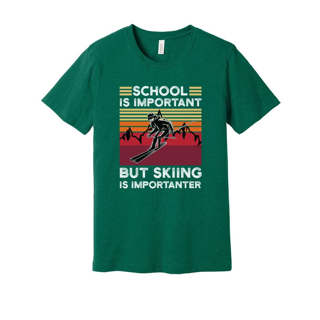 Humor Unisex Skifahren T-Shirt Mit Retro Sonnenuntergang Berge Und Schule Ist Wichtig