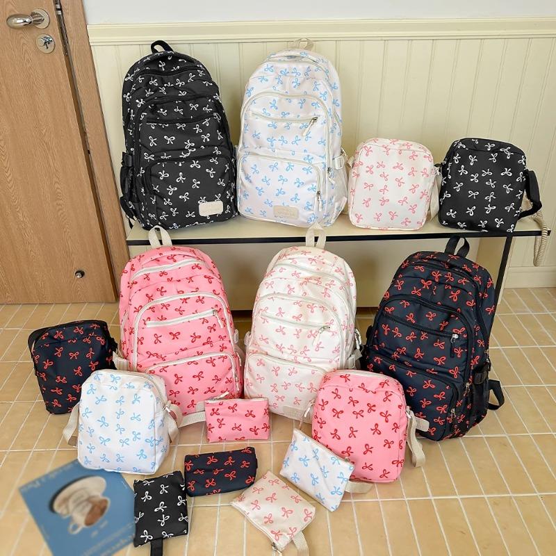 Set de Mochila de Nylon de 3 Piezas Linda Mochila Escolar con Estampado de Lazo para Niñas Mochila Grande con Bolso de Hombro Estuche para Lápices