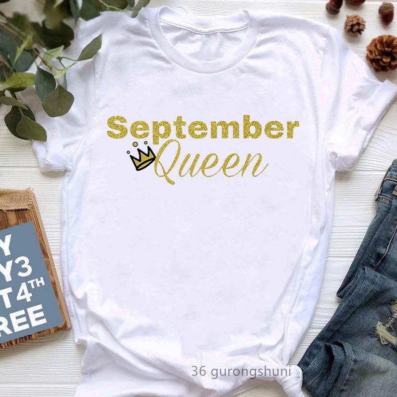 

Golden August/May/June/July Queen Crown Letter Print T-Shirt Women s Clothing Summer Fashion Tshirt Femme Harajuku Shirt Tops S білий