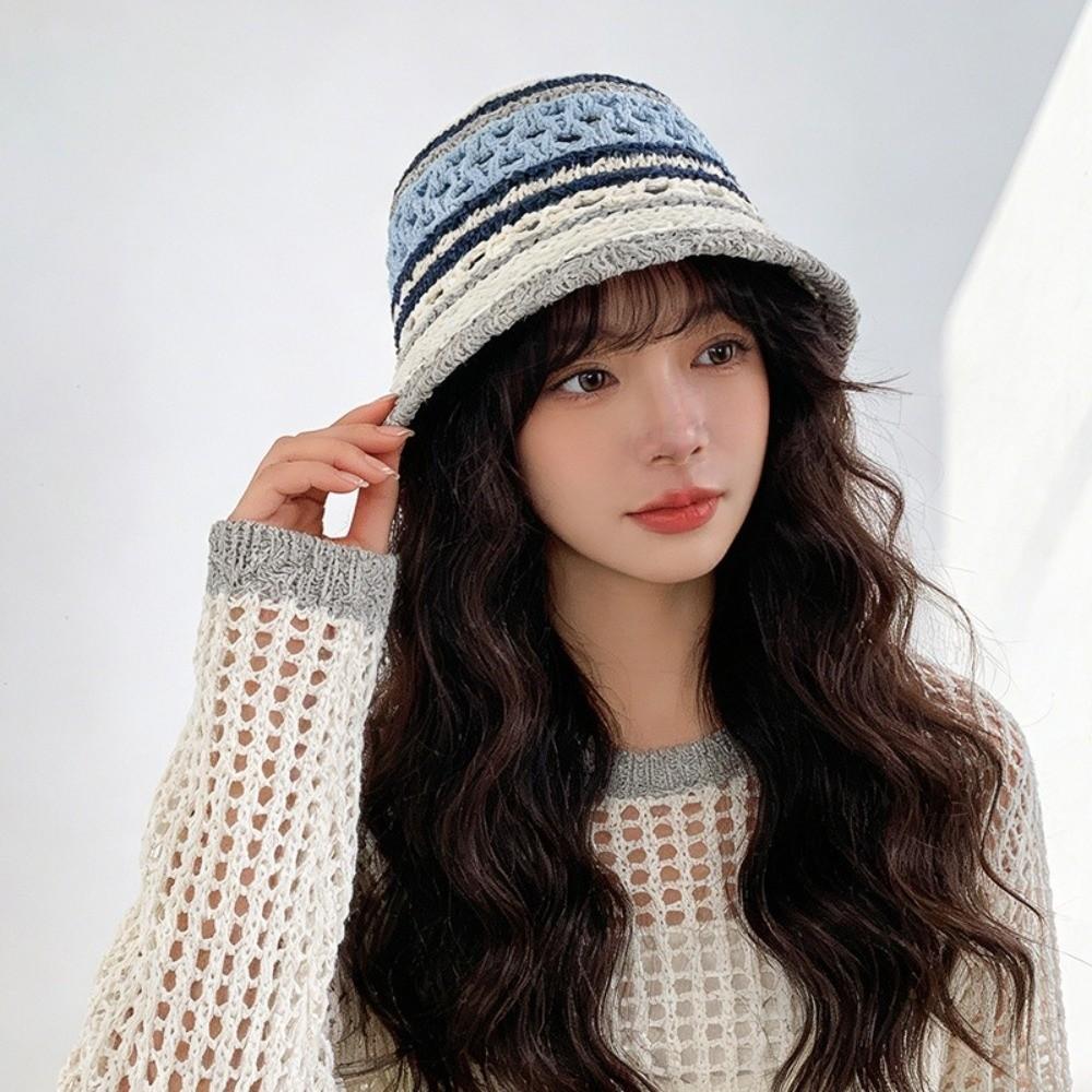 Wide Brim Crochet Panama Hat Breathable Beach Sun Hat Popular Striped Bucket Hat Daily