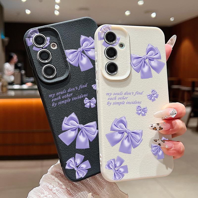 Purple Bowknot Pattern Leather Texture Plain Color Shell for Samsung S25 Ultra S24 Fe S23 S22 A56 A16 A15 A55 Soft Silicone Shockproof Matte Case